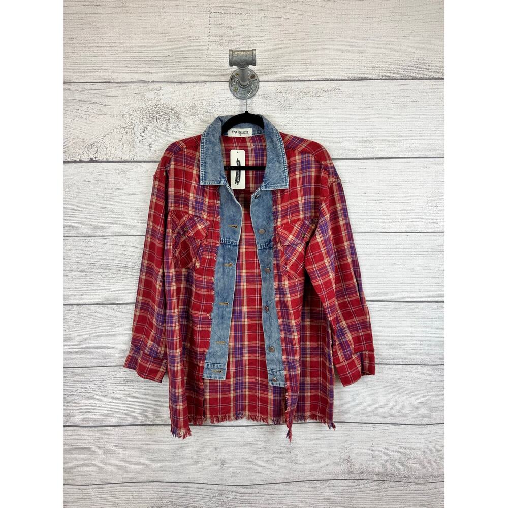 Impressions Women's Red Purple Plaid Denim Trim Flannel Shirt Size Small